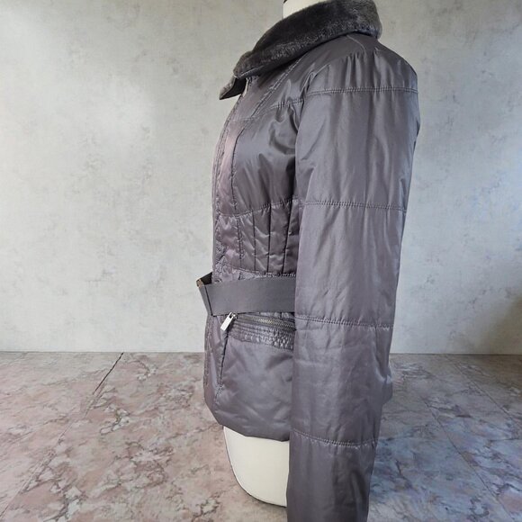 NY&CO Jacket Faux Fur Trim Packable Nylon Puffer Jacket size S color Silver - Picture 8 of 10